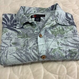 Earthbound Mens L Linen Rayon Blend Tropical Palm Leaf Print Button Up‎ Shirt-L